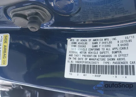 2013 Honda Accord Ex-L V-6 из США, поврежденный, VIN 1HGCR3F89DA038071